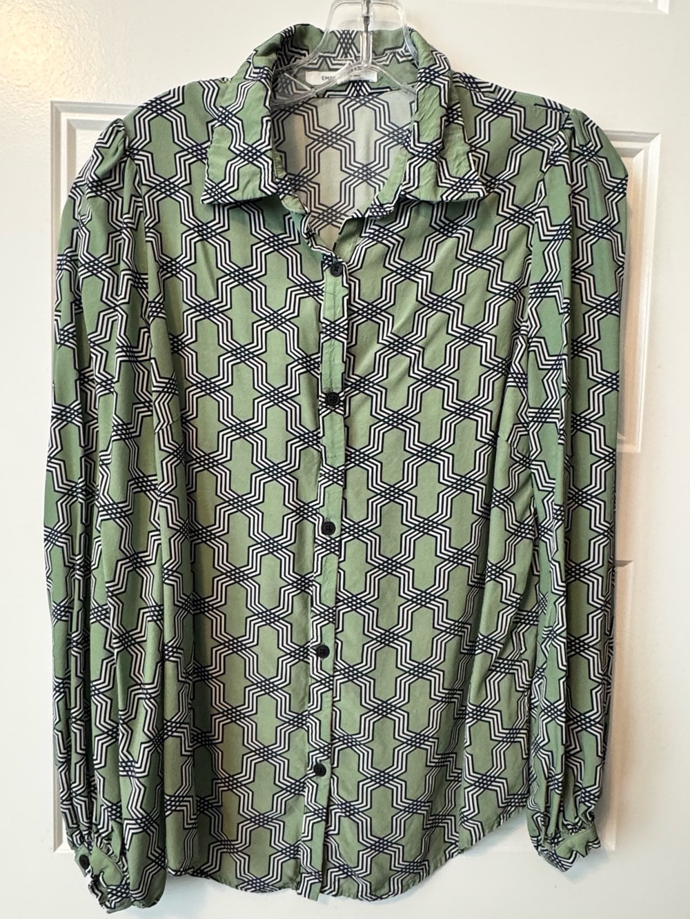 Emerson Fry Green Geometric Print Button Front Blouse Size Small